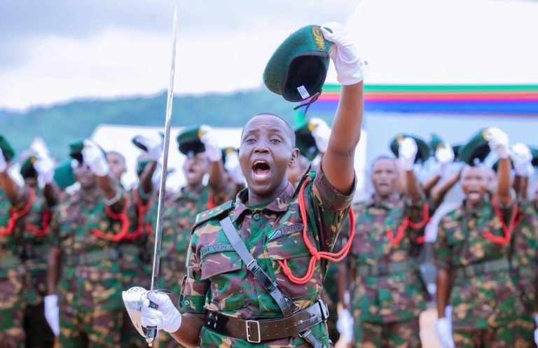 President Samia Suluhu Hassan presiding over the inauguration ceremony of the National Defence Headquarters (MMUT) in Kikombo, Dodoma, with military honours and Guard of Honour present.