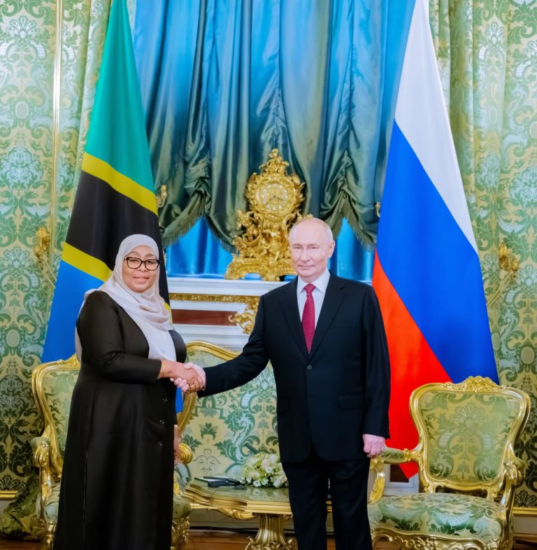 President Samia Suluhu Hassan of Tanzania and President Vladimir Putin of Russia posing for an official photograph at the Kremlin State Residence in Moscow on 3 June 2026, symbolizing diplomatic engagement between the two countries.