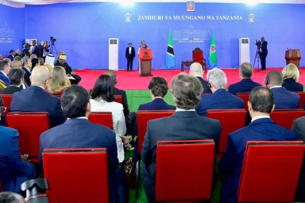 President Samia Suluhu Hassan speaking to ambassadors and international representatives during the Diplomatic Sherry Party at State House Chamwino, Dodoma.