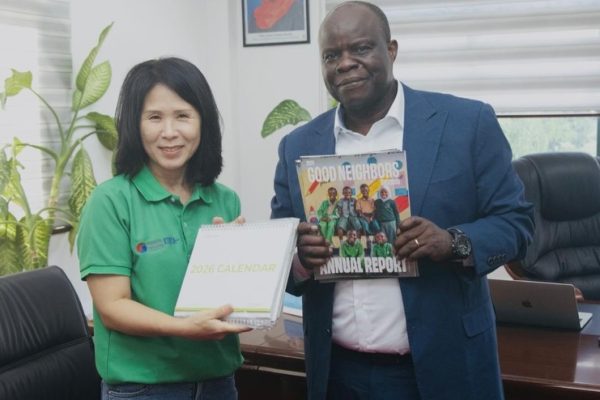 Permanent Secretary, Office of the Vice President, Dr. Richard Muyungi (right), meeting Good Neighbors Tanzania Country Director Ms. Ilsun Jung to discuss carbon trading investment in Dar es Salaam on January 23, 2026.