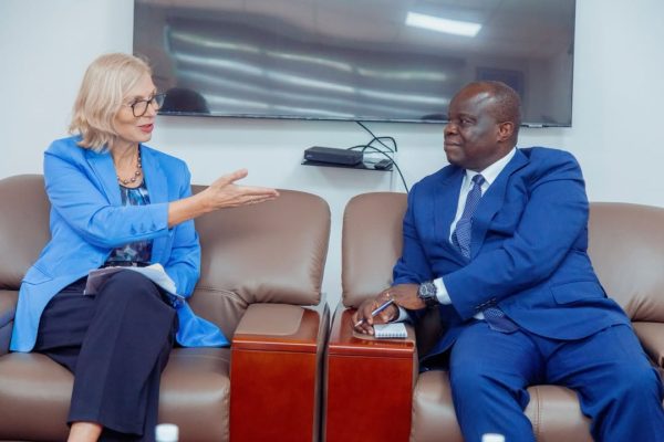Permanent Secretary, Office of the Vice President, Dr. Richard Muyungi, meeting Norwegian Ambassador to Tanzania, H.E. Tone Tinnes, to discuss cooperation in carbon trading in Dar es Salaam on January 23, 2026.