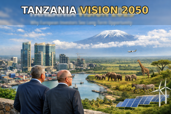 Dar es Salaam port and city skyline symbolising Tanzania’s Vision 2050 development progress and expanding economic partnership with the European Union.