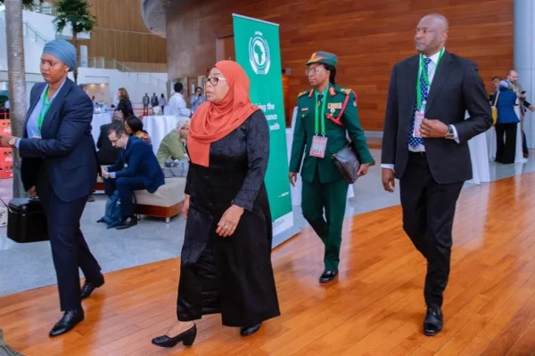 President Samia Suluhu Hassan arriving at the 2026 CAHOSCC meeting in Addis Ababa, chaired by President William Ruto, ahead of the 39th African Union Assembly.