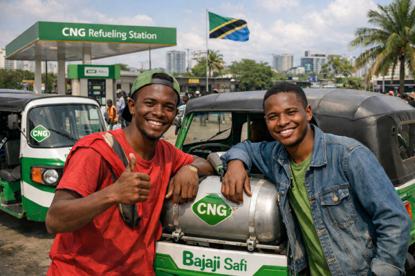 Young bajaji drivers refueling their three-wheelers at a compressed natural gas (CNG) station in Dar es Salaam as part of Tanzania’s clean energy transport initiative.