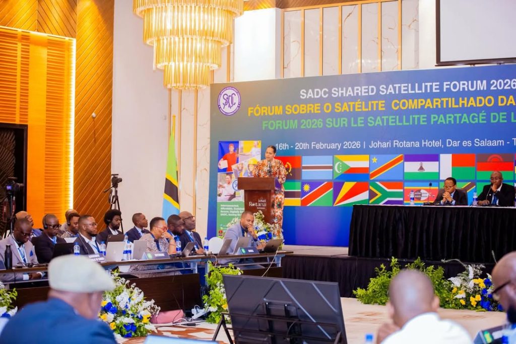 Minister Angellah Jasmine Mbelwa Kairuki delivering remarks at the 2026 SADC Shared Satellite Forum in Dar es Salaam, outlining Tanzania’s satellite and digital infrastructure progress.