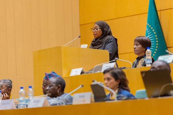 President Samia Suluhu Hassan addressing members of the press on sustainable malaria financing during the AU Summit in Addis Ababa, Ethiopia, 14 February 2026.