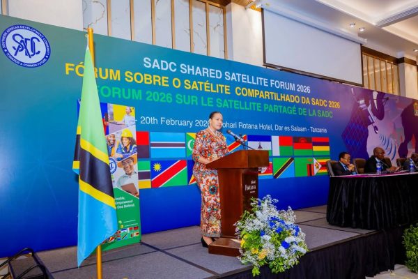 Minister Angellah Jasmine Mbelwa Kairuki delivering remarks at the 2026 SADC Shared Satellite Forum in Dar es Salaam, outlining Tanzania’s satellite and digital infrastructure progress.