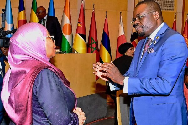 Dr. Jean Kaseya of Africa CDC congratulates President Samia Suluhu Hassan on her appointment as AU Champion for Maternal and Child Health at the 39th AU Summit in Addis Ababa.