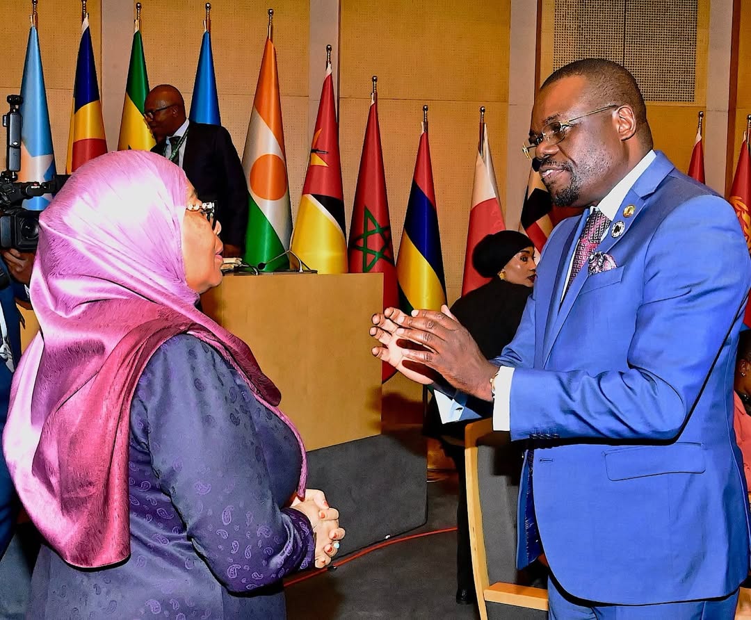 Dr. Jean Kaseya of Africa CDC congratulates President Samia Suluhu Hassan on her appointment as AU Champion for Maternal and Child Health at the 39th AU Summit in Addis Ababa.