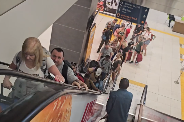 A group of tourists from Hungary boarding the SGR train en route to Mikumi National Park in Morogoro Region, Tanzania.