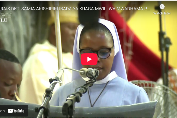 President Samia Suluhu Hassan attending the requiem mass for the late Cardinal Polycarp Pengo alongside religious and national leaders in Dar es Salaam.