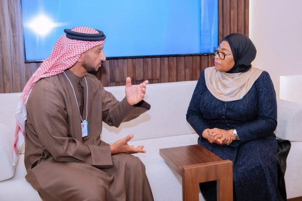 President of the United Republic of Tanzania, H.E. Dr. Samia Suluhu Hassan, speaking with UAE National Media Office Chairman Abdulla bin Mohammed bin Butti Al Hamed during the World Government Summit 2026 at Madinat Jumeirah, Dubai.