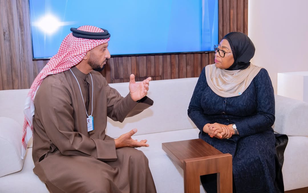President of the United Republic of Tanzania, H.E. Dr. Samia Suluhu Hassan, speaking with UAE National Media Office Chairman Abdulla bin Mohammed bin Butti Al Hamed during the World Government Summit 2026 at Madinat Jumeirah, Dubai.