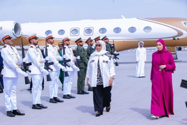 President of the United Republic of Tanzania, H.E. Dr. Samia Suluhu Hassan, bidding farewell to leaders at Al Maktoum International Airport in Dubai after concluding her official visit to the United Arab Emirates on February 6, 2026.