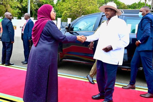 President Samia Suluhu Hassan with Ugandan President Yoweri Kaguta Museveni shortly after his arrival at the State House grounds in Dar es Salaam on 7 February 2026.