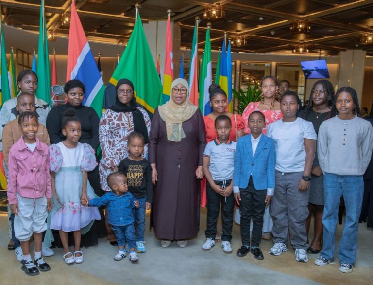 President Samia Suluhu Hassan posing for a group photo with children of Tanzanian Embassy staff and members of the Tanzanian community in Addis Ababa after concluding her AU Summit visit, 15 February 2026.