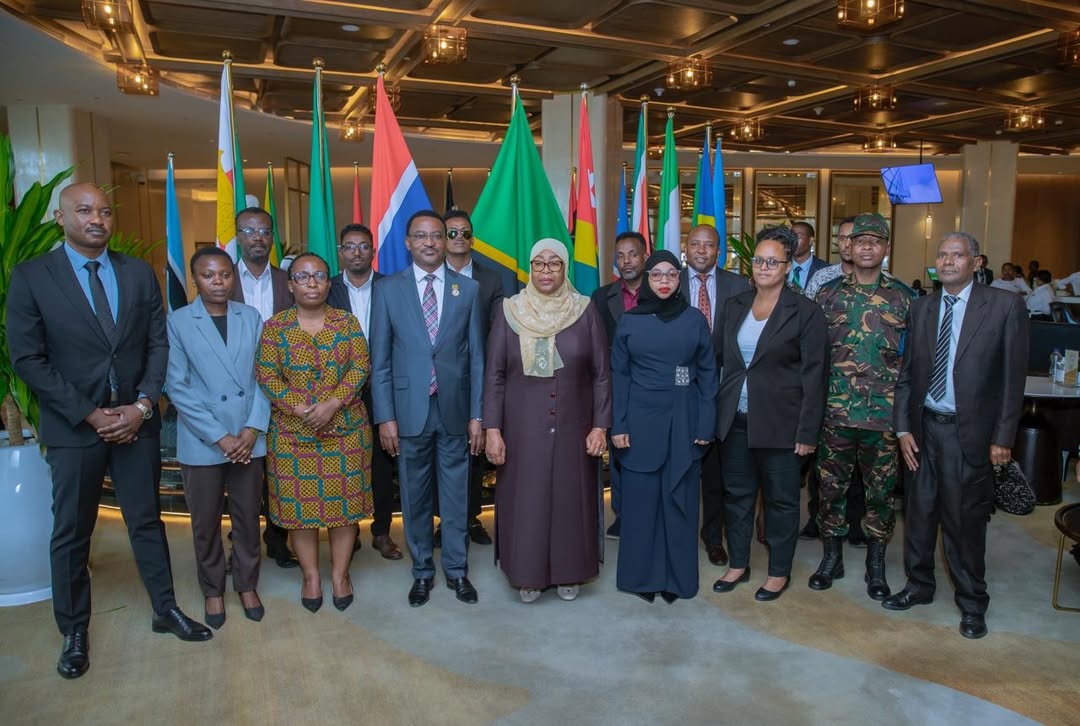 President Samia Suluhu Hassan posing with Ambassador Innocent Shiyo and Tanzanian Embassy staff in Addis Ababa after concluding her AU Summit visit, 15 February 2026.