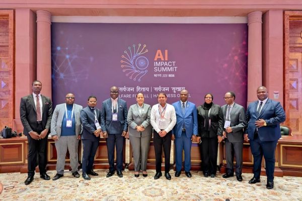 Minister Angellah Kairuki speaking at the Global Artificial Intelligence Summit in India, presenting Tanzania’s strategy for sustainable and inclusive AI development, 18 February 2026.