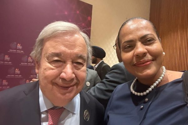 Minister Angellah Kairuki in discussion with UN Secretary-General António Guterres during the Global Artificial Intelligence Summit in India, 19 February 2026.
