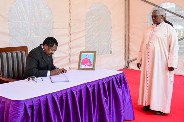 Vice President Emmanuel Nchimbi meeting Archbishop Jude Thaddeus Ruwa’ich at the Archdiocese of Dar es Salaam to convey President Samia’s condolences following the passing of Cardinal Polycarp Pengo.