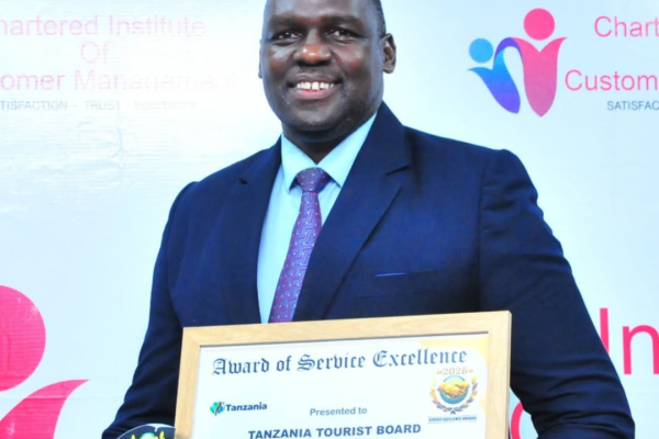 Representatives of the Tanzania Tourist Board receiving the Excellence Award in Public Administration at the Tanzania Service Excellence Awards 2026 ceremony.