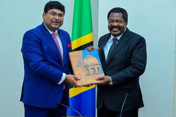 Vice President Emmanuel Nchimbi meeting with Indian Ambassador Bashwadip Dey at State House in Dar es Salaam to discuss strengthening Tanzania–India strategic cooperation.