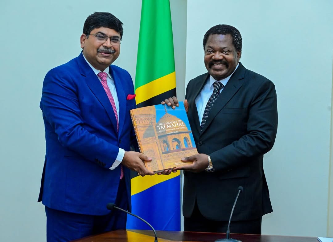 Vice President Emmanuel Nchimbi meeting with Indian Ambassador Bashwadip Dey at State House in Dar es Salaam to discuss strengthening Tanzania–India strategic cooperation.