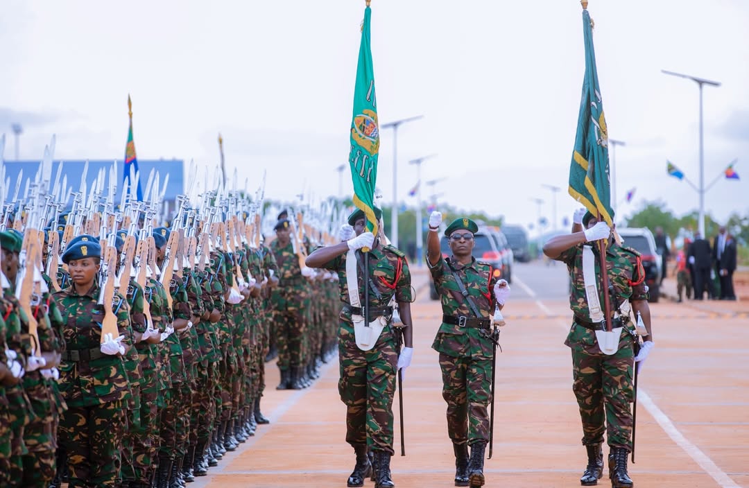 President Samia Suluhu Hassan presiding over the inauguration ceremony of the National Defence Headquarters (MMUT) in Kikombo, Dodoma, with military honours and Guard of Honour present.
