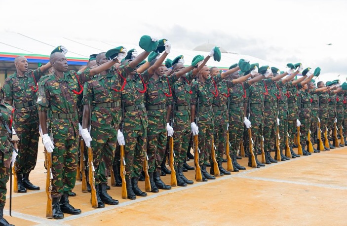 President Samia Suluhu Hassan presiding over the inauguration ceremony of the National Defence Headquarters (MMUT) in Kikombo, Dodoma, with military honours and Guard of Honour present.