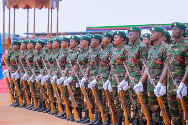 President Samia Suluhu Hassan presiding over the inauguration ceremony of the National Defence Headquarters (MMUT) in Kikombo, Dodoma, with military honours and Guard of Honour present.