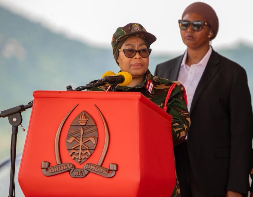 President Samia Suluhu Hassan addressing defence officers, public servants, and guests at the inauguration of the National Defence Headquarters (MMUT) in Kikombo, Dodoma on 24 February 2026.
