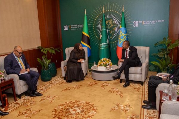 President Samia Suluhu Hassan in discussion with Ethiopian Prime Minister Abiy Ahmed during a bilateral meeting on the sidelines of the AU Summit in Addis Ababa.