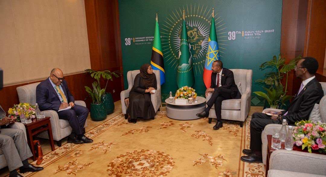 President Samia Suluhu Hassan in discussion with Ethiopian Prime Minister Abiy Ahmed during a bilateral meeting on the sidelines of the AU Summit in Addis Ababa.