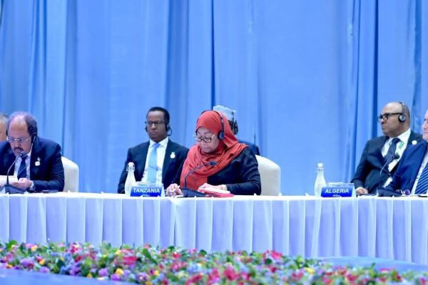 President Samia Suluhu Hassan participating in the Italy–Africa Summit in Addis Ababa alongside African and Italian leaders.