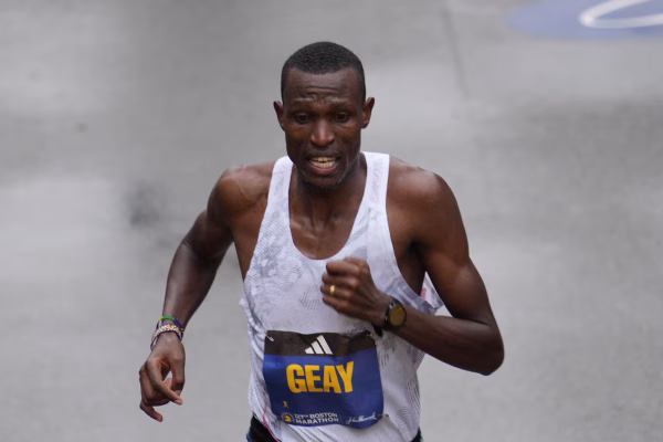 Tanzania’s Gabriel Geay celebrates after winning the men’s elite race at the 2026 Daegu Marathon in Daegu, South Korea.