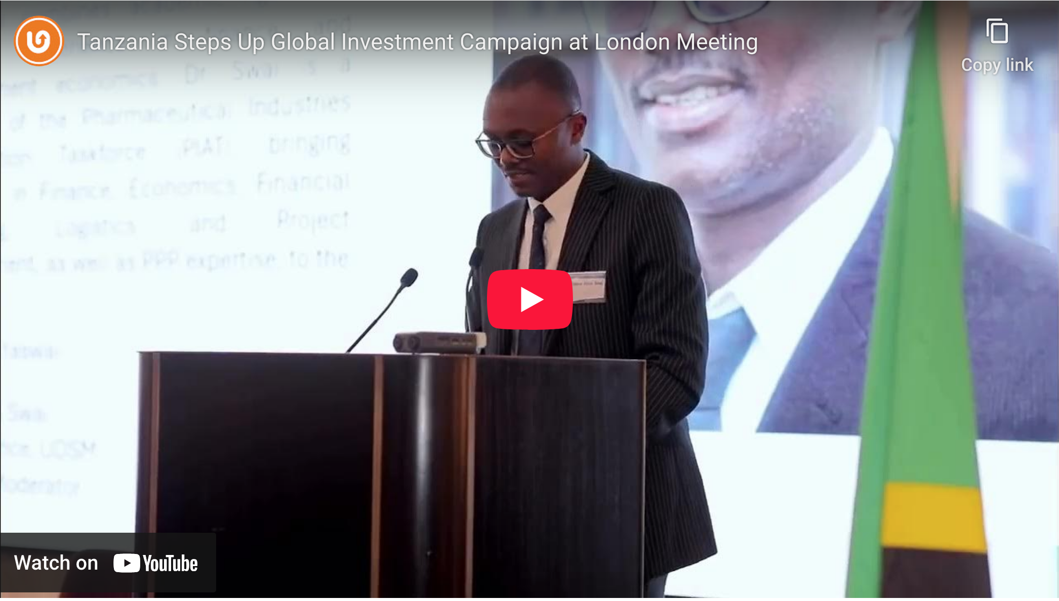 Tanzania High Commissioner Mbelwa Kairuki speaking at an investment meeting in London highlighting opportunities in Tanzania