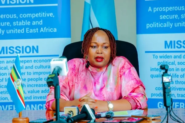 EAC Secretary General Veronica Nduva addressing journalists about preparations for the 25th East African Community Heads of State Summit in Arusha, Tanzania.