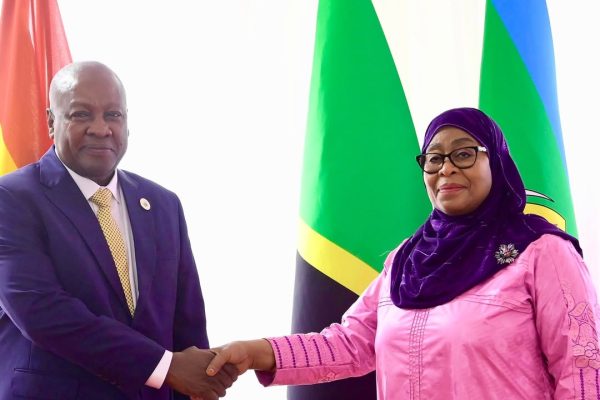 President Samia Suluhu Hassan with Ghana President John Dramani Mahama following their bilateral talks at the Arusha on March 2, 2025.