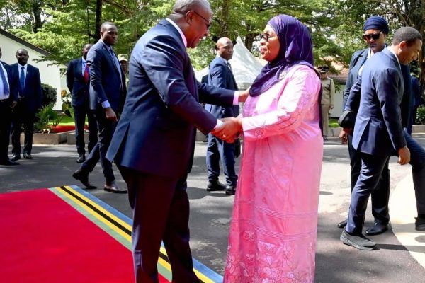 President Samia Suluhu Hassan greeting Ghana President John Dramani Mahama upon his arrival at the Arusha for a working visit on March 2, 2025.