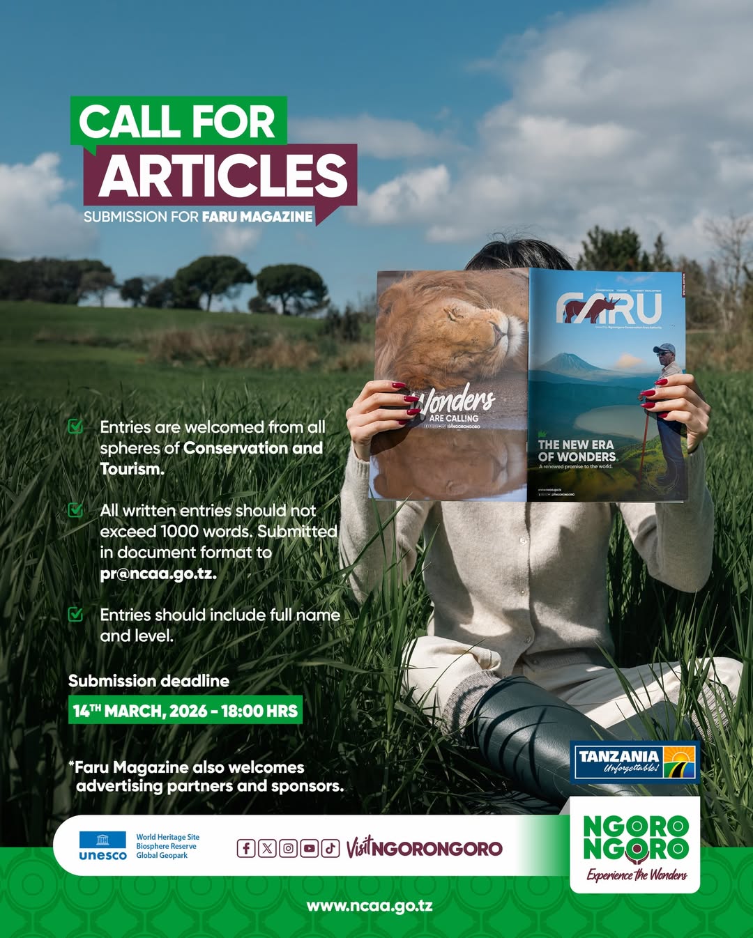Announcement poster inviting article submissions and partnership opportunities for FARU Magazine, a publication focused on conservation and tourism.
