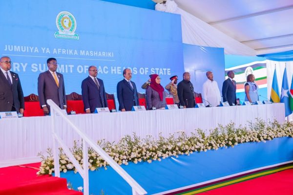 East African Heads of State attending the 25th East African Community Summit at the Arusha International Conference Centre in Tanzania.