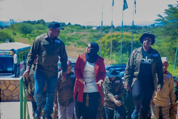 Members of Tanzania’s Parliamentary Standing Committee on Lands, Natural Resources and Tourism, led by Hon. Timotheo Mnzava, inspect the construction site of the Ngorongoro-Lengai Geopark Museum during an official development projects tour.