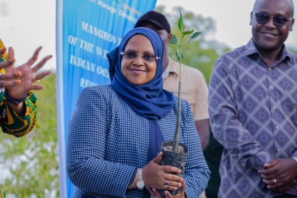 Minister Ashatu Kijaji planting mangrove seedlings along the Lindi coastline with conservation partners