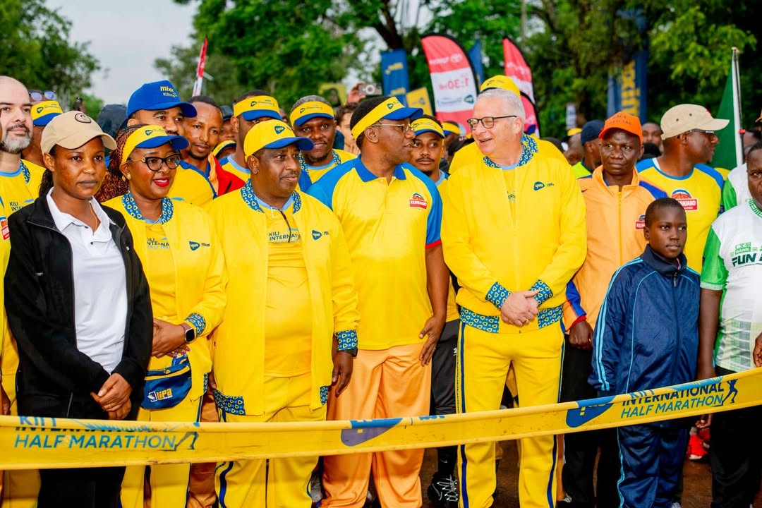 Minister Paul Makonda and leaders launching Yas Kili International Half Marathon in Kilimanjaro with ceremonial start gesture
