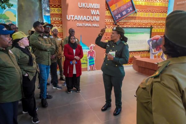 Dr Agnes Gidna briefs Tanzania’s Parliamentary Standing Committee on Lands, Natural Resources and Tourism during an inspection visit to the Ngorongoro Geopark Museum in Karatu.