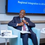 Khamis Mussa Omar speaking at a panel during the IMF/World Bank Spring Meetings 2026 in Washington, D.C., discussing Tanzania’s transport corridors, infrastructure investments, and regional economic integration strategy.
