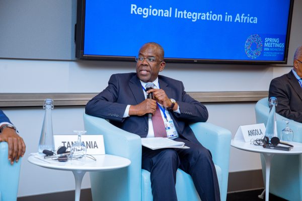 Khamis Mussa Omar speaking at a panel during the IMF/World Bank Spring Meetings 2026 in Washington, D.C., discussing Tanzania’s transport corridors, infrastructure investments, and regional economic integration strategy.