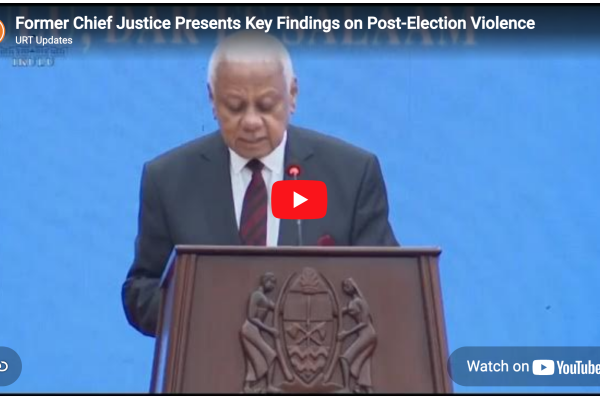 Mohamed Chande Othman presenting the summary of the Presidential Commission report on the 2025 election unrest at State House in Dar es Salaam.