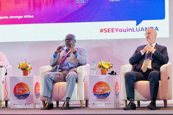 Tanzania Airports Authority Director General Abdul Mombokaleo speaking at ACI Africa Conference in Luanda on AI-driven aviation security systems