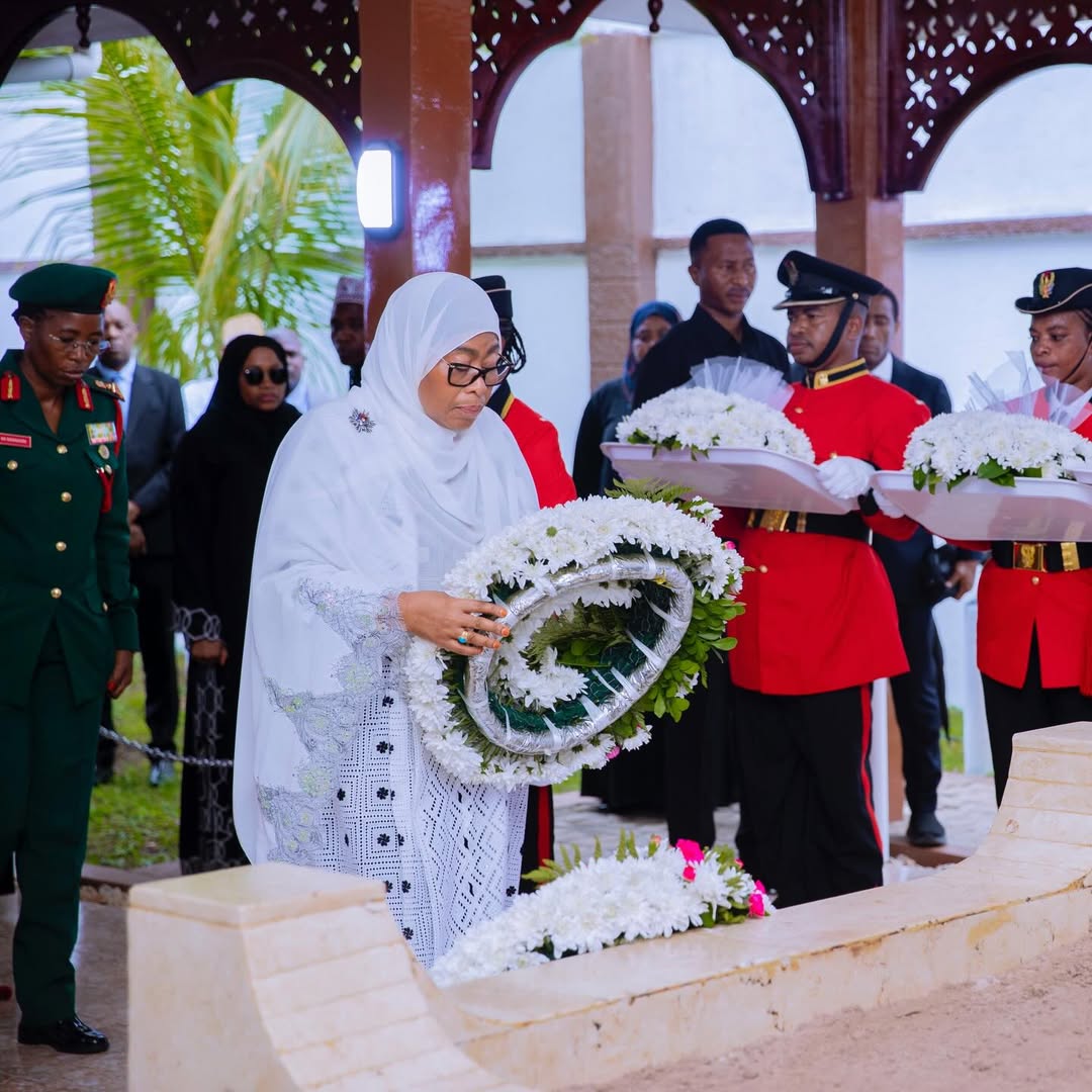 President Samia Suluhu Hassan laying a wreath at the grave of Abeid Amani Karume during Karume Day commemorations in Zanzibar